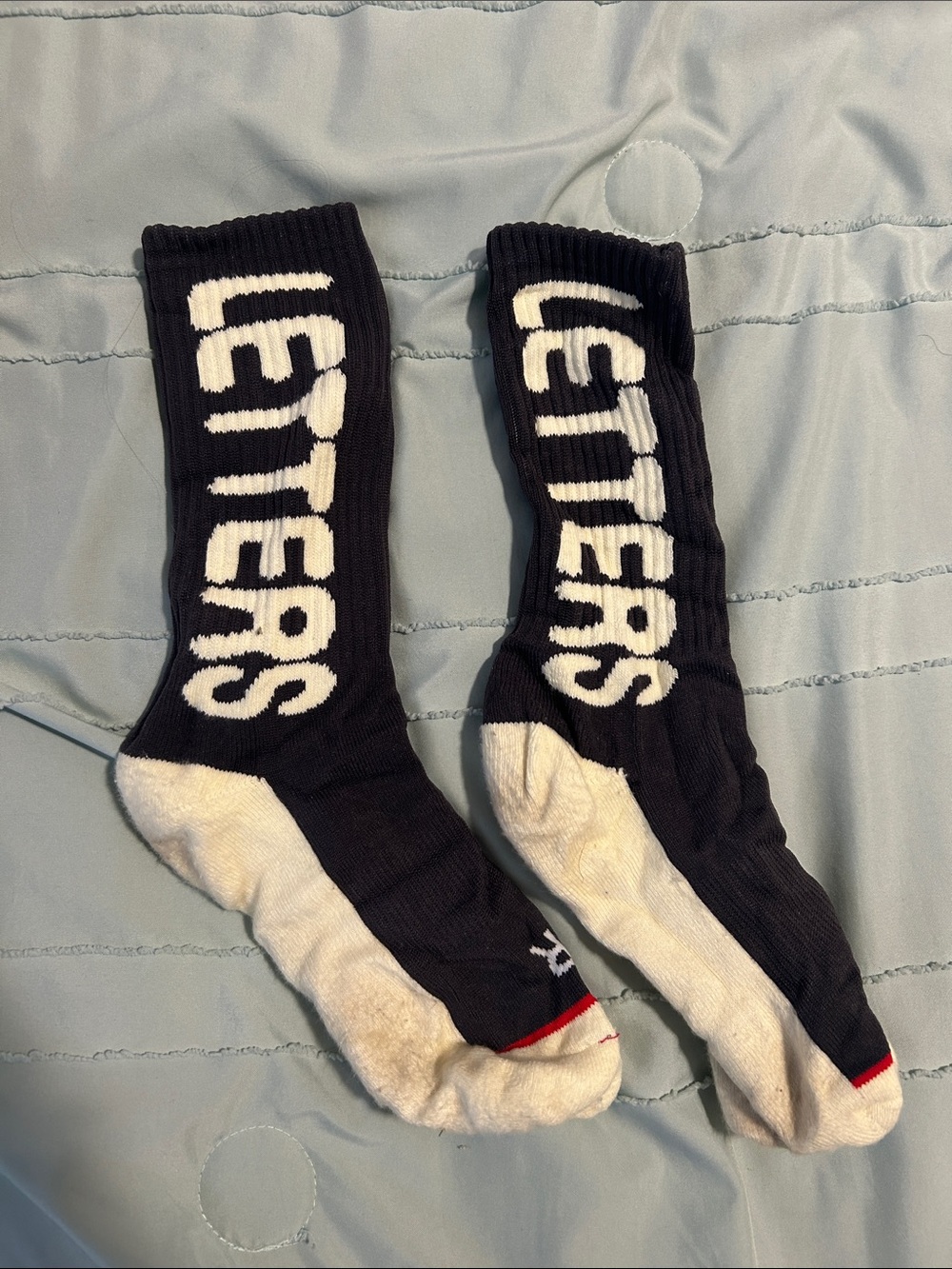 Black Athletic Crew Socks with White Lettering